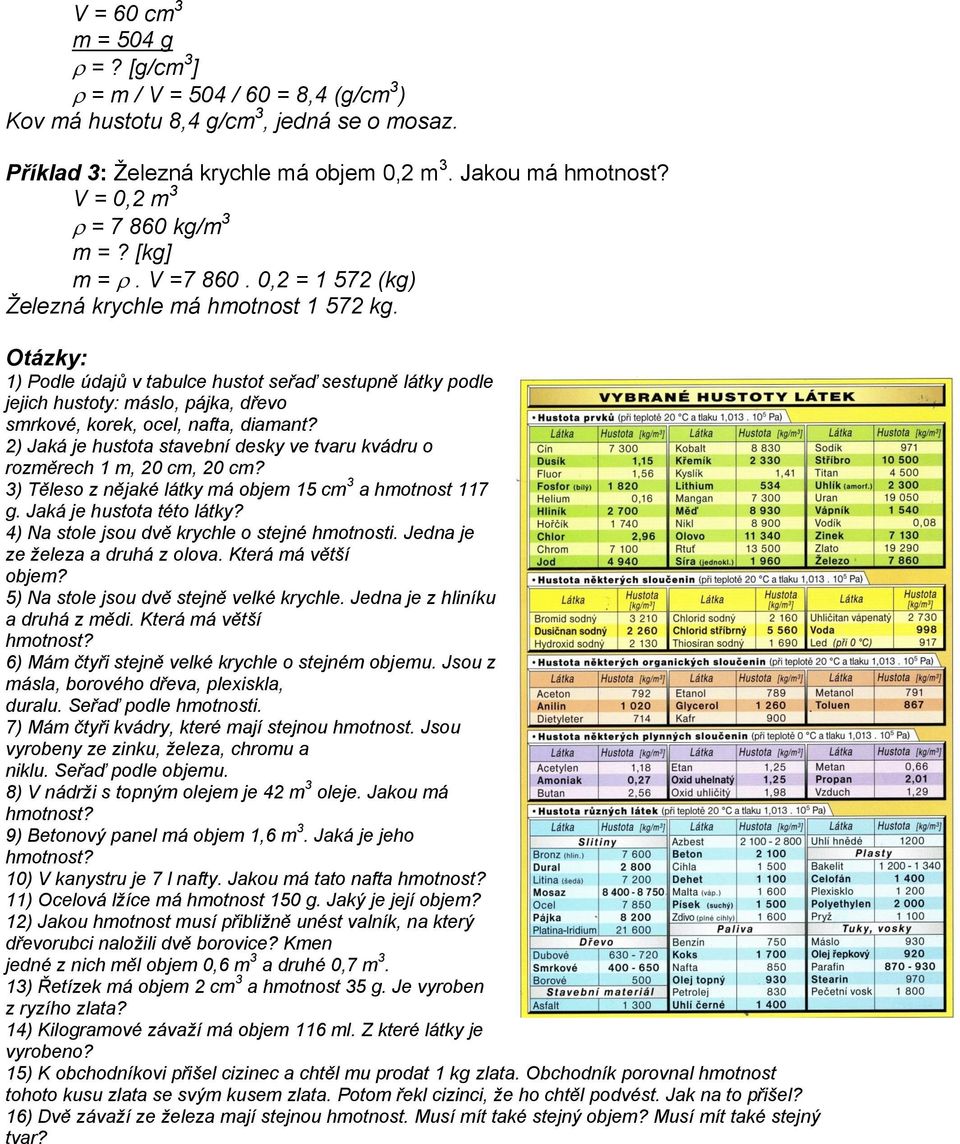 2) Jaká je hustota stavební desky ve tvaru kvádru o rozměrech 1 m, 20 cm, 20 cm? 3) Těleso z nějaké látky má objem 15 cm 3 a hmotnost 117 g. Jaká je hustota této látky?