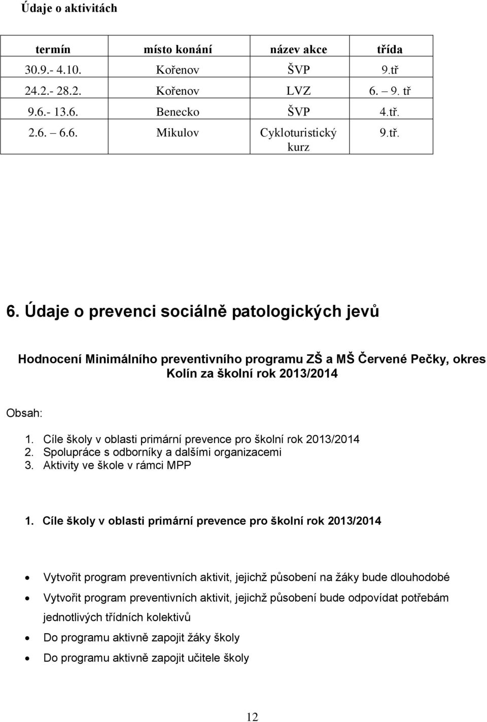 6. Mikulov Cykloturistický kurz 9.tř. 6. Údaje o prevenci sociálně patologických jevů Hodnocení Minimálního preventivního programu ZŠ a MŠ Červené Pečky, okres Kolín za školní rok 2013/2014 Obsah: 1.