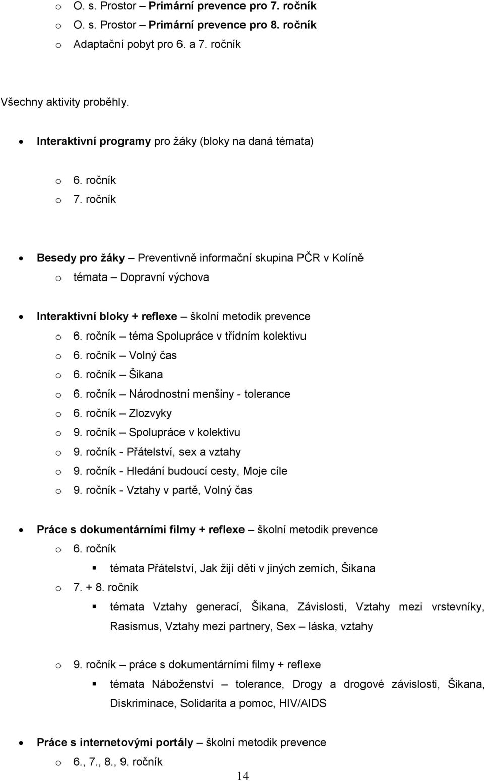 ročník Besedy pro žáky Preventivně informační skupina PČR v Kolíně o témata Dopravní výchova Interaktivní bloky + reflexe školní metodik prevence o 6. ročník téma Spolupráce v třídním kolektivu o 6.