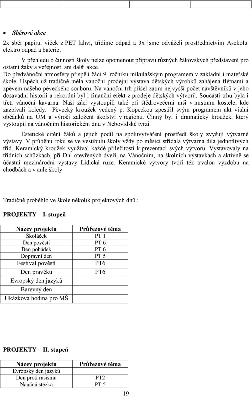 ročníku mikulášským programem v základní i mateřské škole. Úspěch už tradičně měla vánoční prodejní výstava dětských výrobků zahájená flétnami a zpěvem našeho pěveckého souboru.