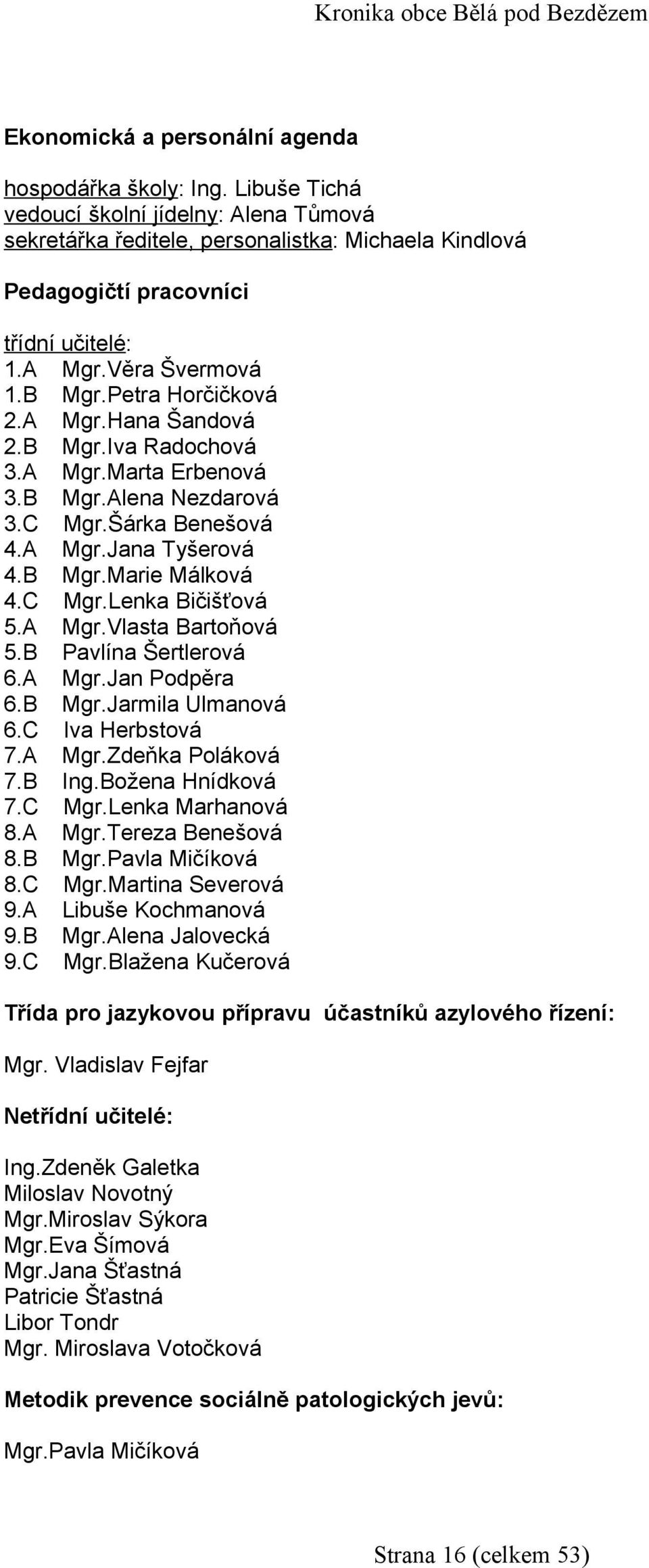 C Mgr.Lenka Bičišťová 5.A Mgr.Vlasta Bartoňová 5.B Pavlína Šertlerová 6.A Mgr.Jan Podpěra 6.B Mgr.Jarmila Ulmanová 6.C Iva Herbstová 7.A Mgr.Zdeňka Poláková 7.B Ing.Božena Hnídková 7.C Mgr.Lenka Marhanová 8.