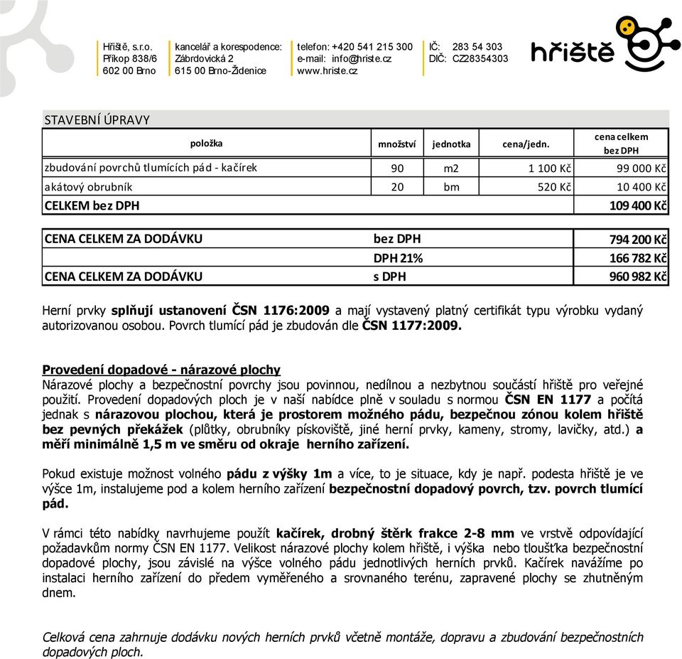 cz IČ: 283 54 303 DIČ: CZ28354303 STAVEBNÍ ÚPRAVY položka jednotka zbudování povrchů tlumících pád - kačírek 90 m2 00 Kč 99 000 Kč akátový obrubník 20 bm 520 Kč 0 400 Kč CELKEM bez DPH CENA CELKEM ZA