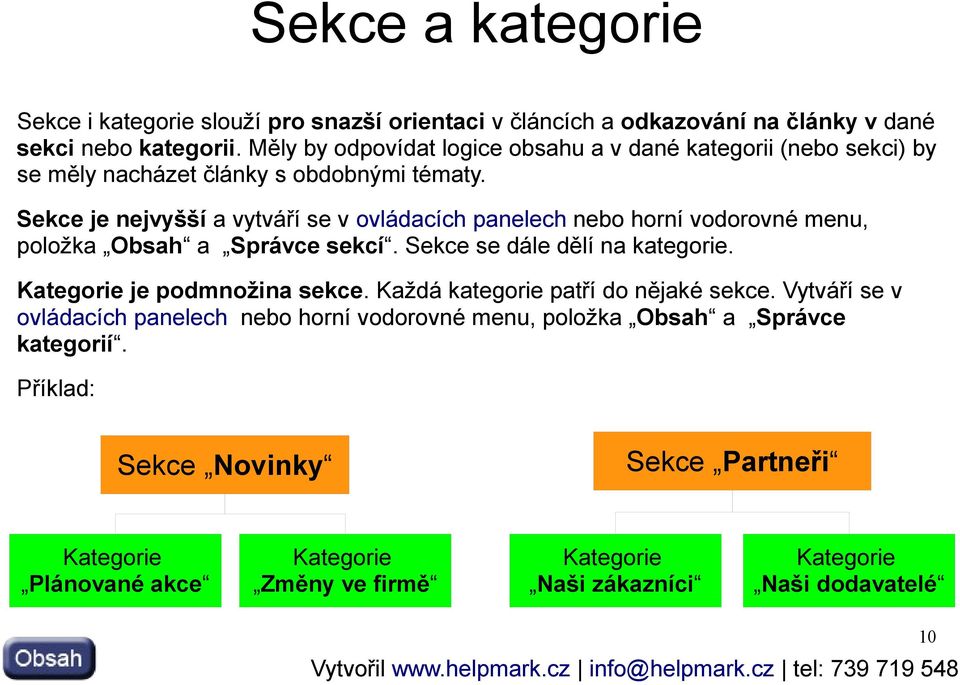 Sekce je nejvyšší a vytváří se v ovládacích panelech nebo horní vodorovné menu, položka Obsah a Správce sekcí. Sekce se dále dělí na kategorie.