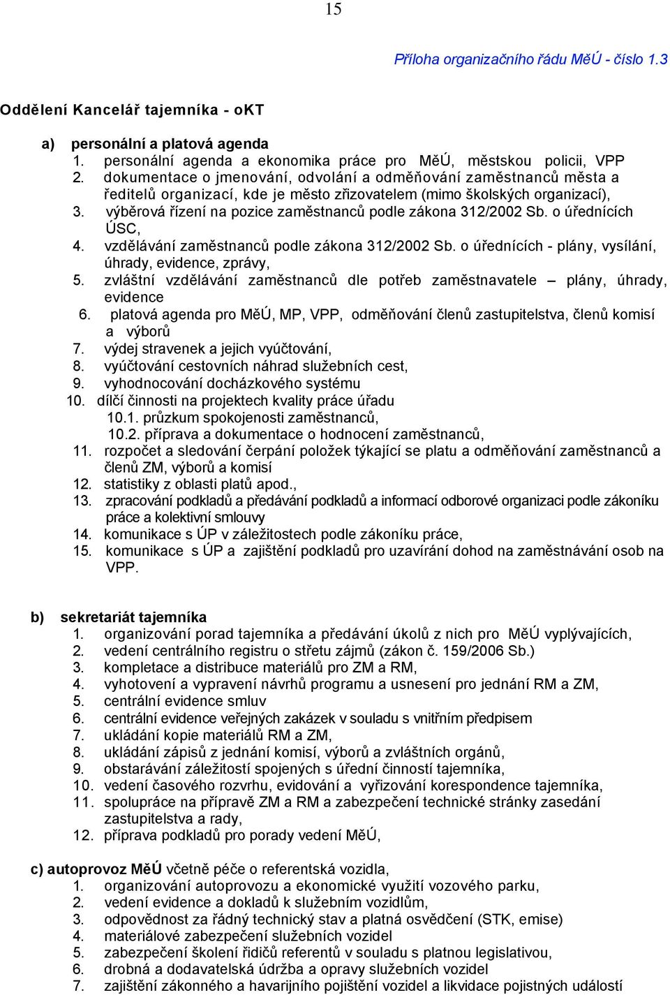 výběrová řízení na pozice zaměstnanců podle zákona 312/2002 Sb. o úřednících ÚSC, 4. vzdělávání zaměstnanců podle zákona 312/2002 Sb. o úřednících - plány, vysílání, úhrady, evidence, zprávy, 5.