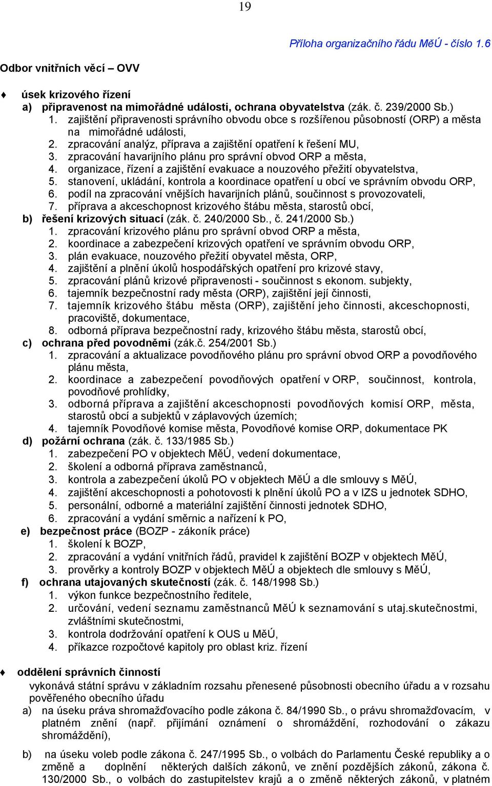 zpracování havarijního plánu pro správní obvod ORP a města, 4. organizace, řízení a zajištění evakuace a nouzového přežití obyvatelstva, 5.