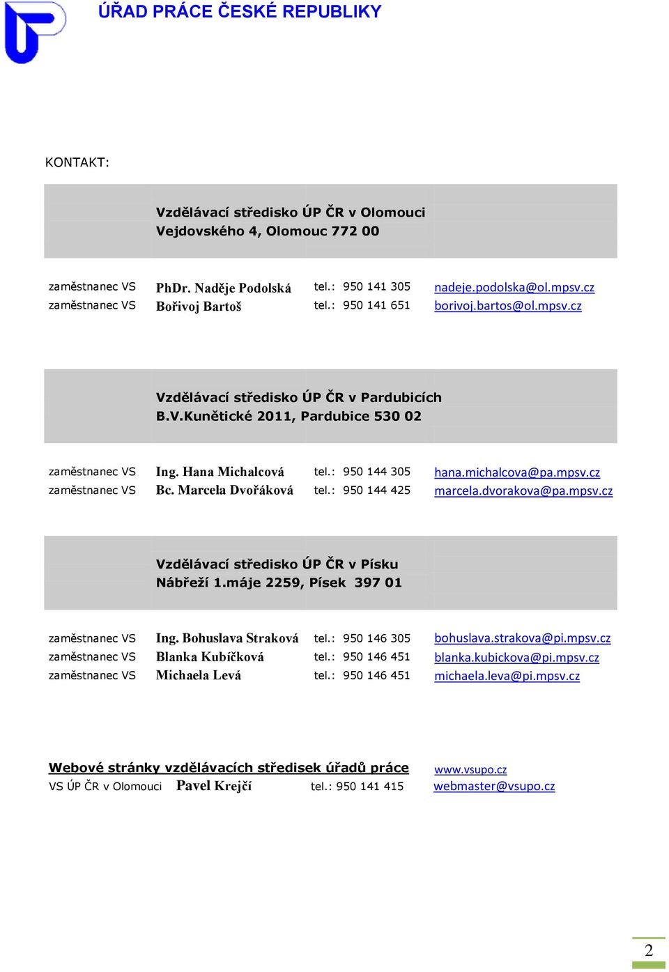 Marcela Dvořáková tel.: 950 144 425 marcela.dvorakova@pa.mpsv.cz Vzdělávací středisko ÚP ČR v Písku Nábřeží 1.máje 2259, Písek 397 01 zaměstnanec VS Ing. Bohuslava Straková tel.