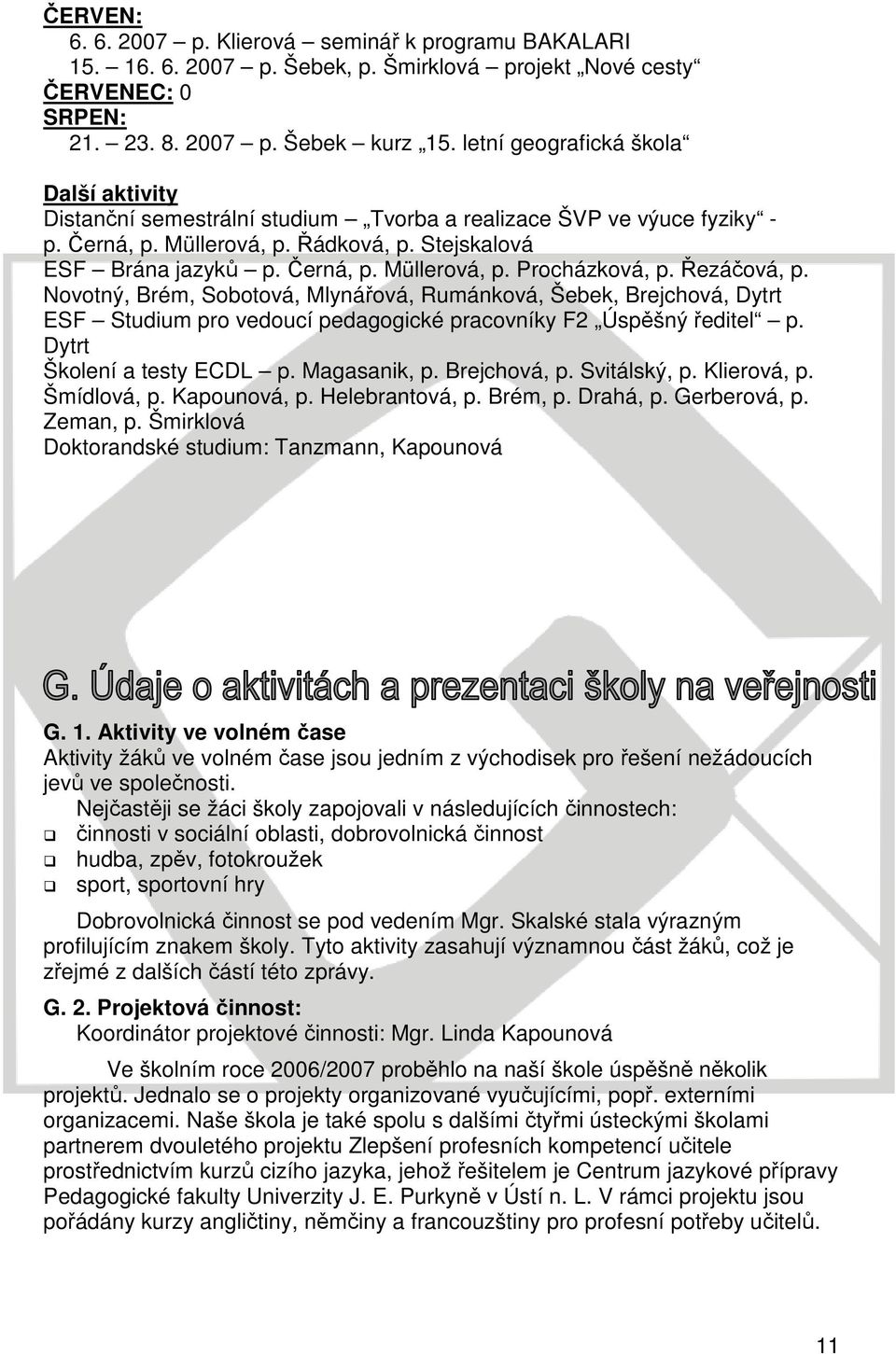 Řezáčová, p. Novotný, Brém, Sobotová, Mlynářová, Rumánková, Šebek, Brejchová, Dytrt ESF Studium pro vedoucí pedagogické pracovníky F2 Úspěšný ředitel p. Dytrt Školení a testy ECDL p. Magasanik, p.