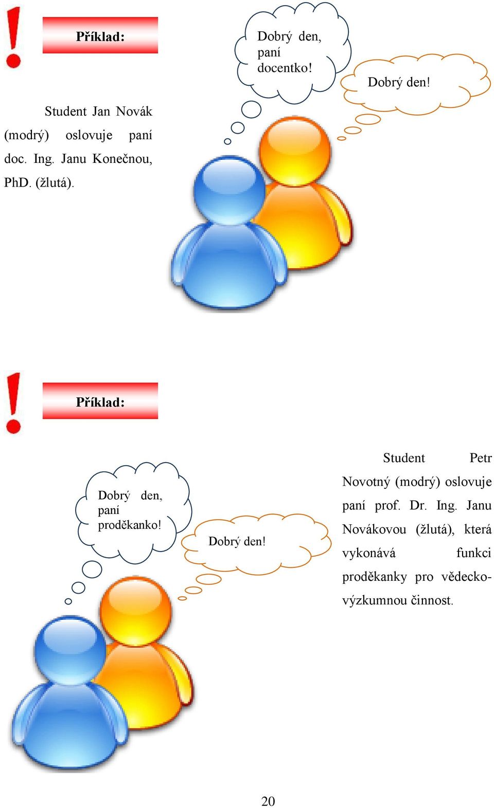 Dobrý den! Student Petr Novotný (modrý) oslovuje paní prof. Dr. Ing.