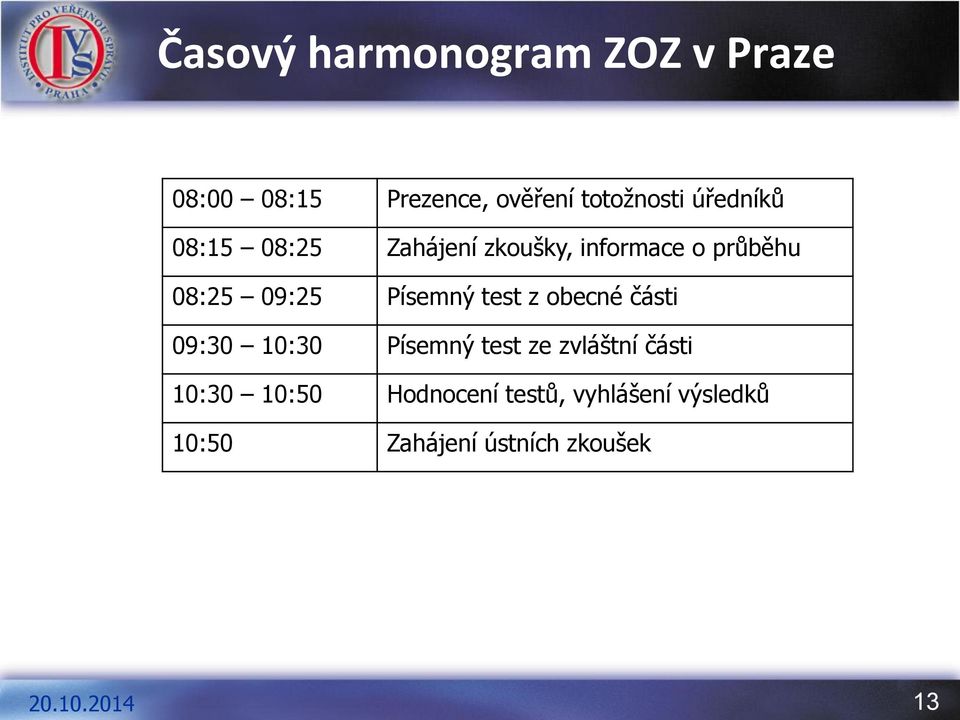 Písemný test z obecné části 09:30 10:30 Písemný test ze zvláštní části