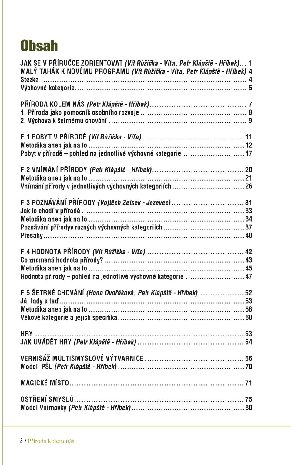 .. 11 Metodika aneb jak na to... 12 Pobyt v přírodě pohled na jednotlivé výchovné kategorie... 17 F.2 VNÍMÁNÍ PŘÍRODY (Petr Klápště - Hříbek)... 20 Metodika aneb jak na to.