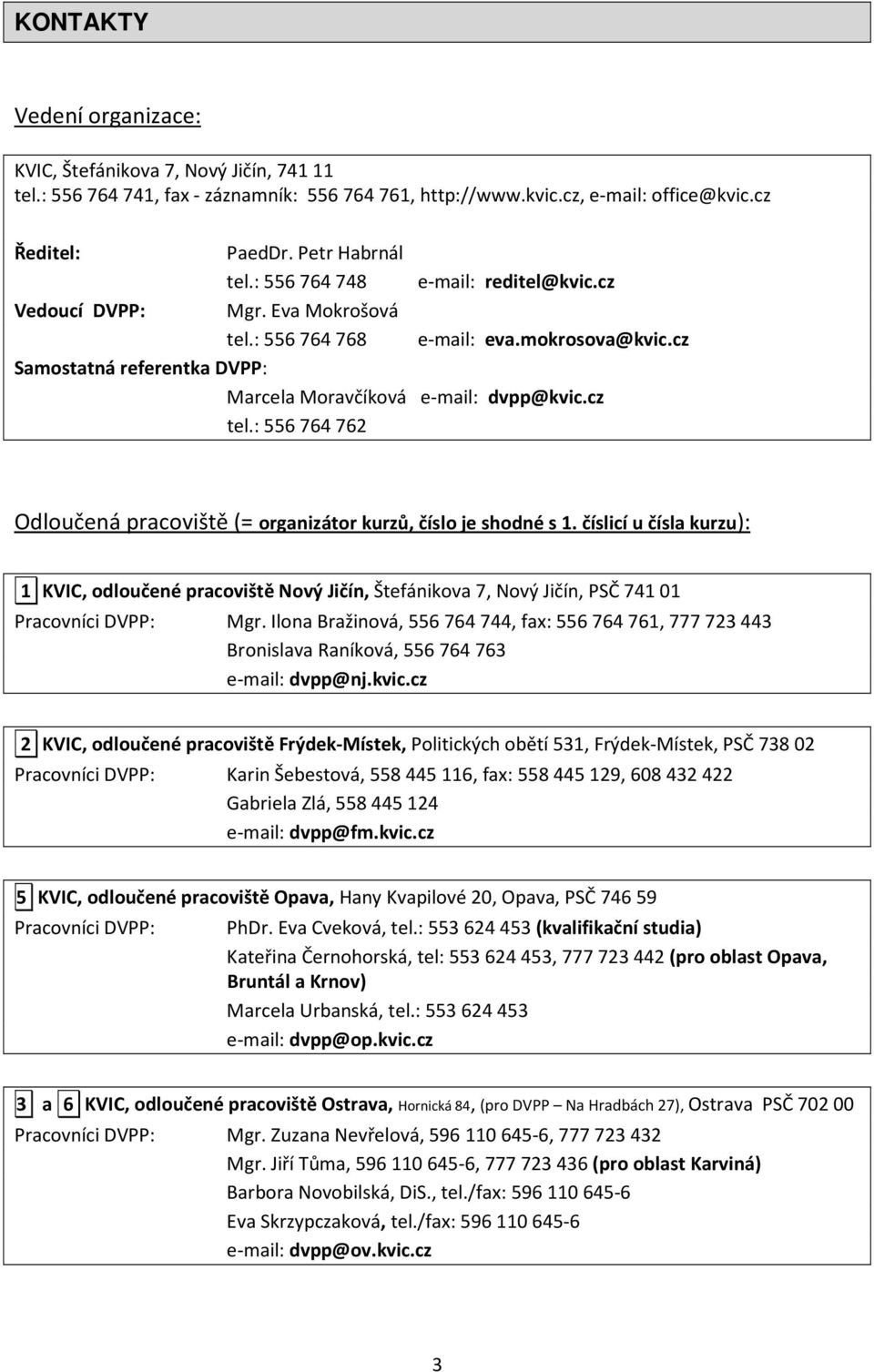 : 556764762 Odloučená pracoviště (= organizátor kurzů, číslo je shodné s 1. číslicí u čísla kurzu): 1 KVIC, odloučené pracoviště Nový Jičín, Štefánikova 7, Nový Jičín, PSČ 741 01 Pracovníci DVPP: Mgr.