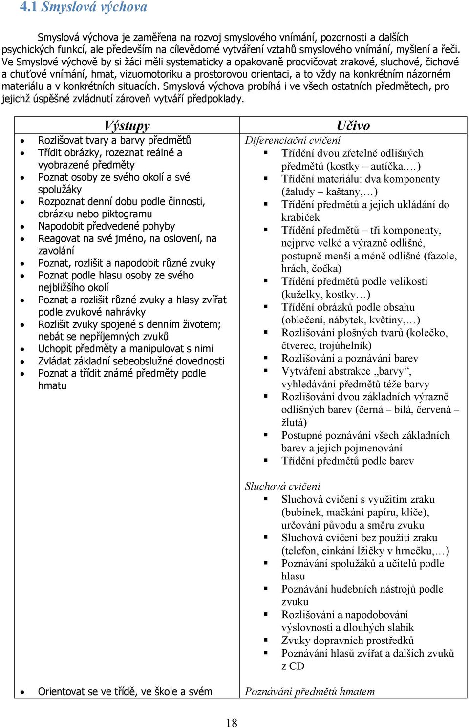 názorném materiálu a v konkrétních situacích. Smyslová výchova probíhá i ve všech ostatních předmětech, pro jejichž úspěšné zvládnutí zároveň vytváří předpoklady.