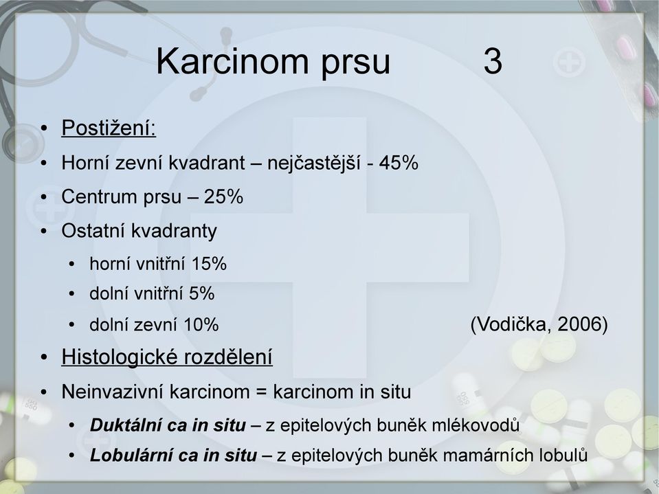 Histologické rozdělení Neinvazivní karcinom = karcinom in situ Duktální ca in situ z