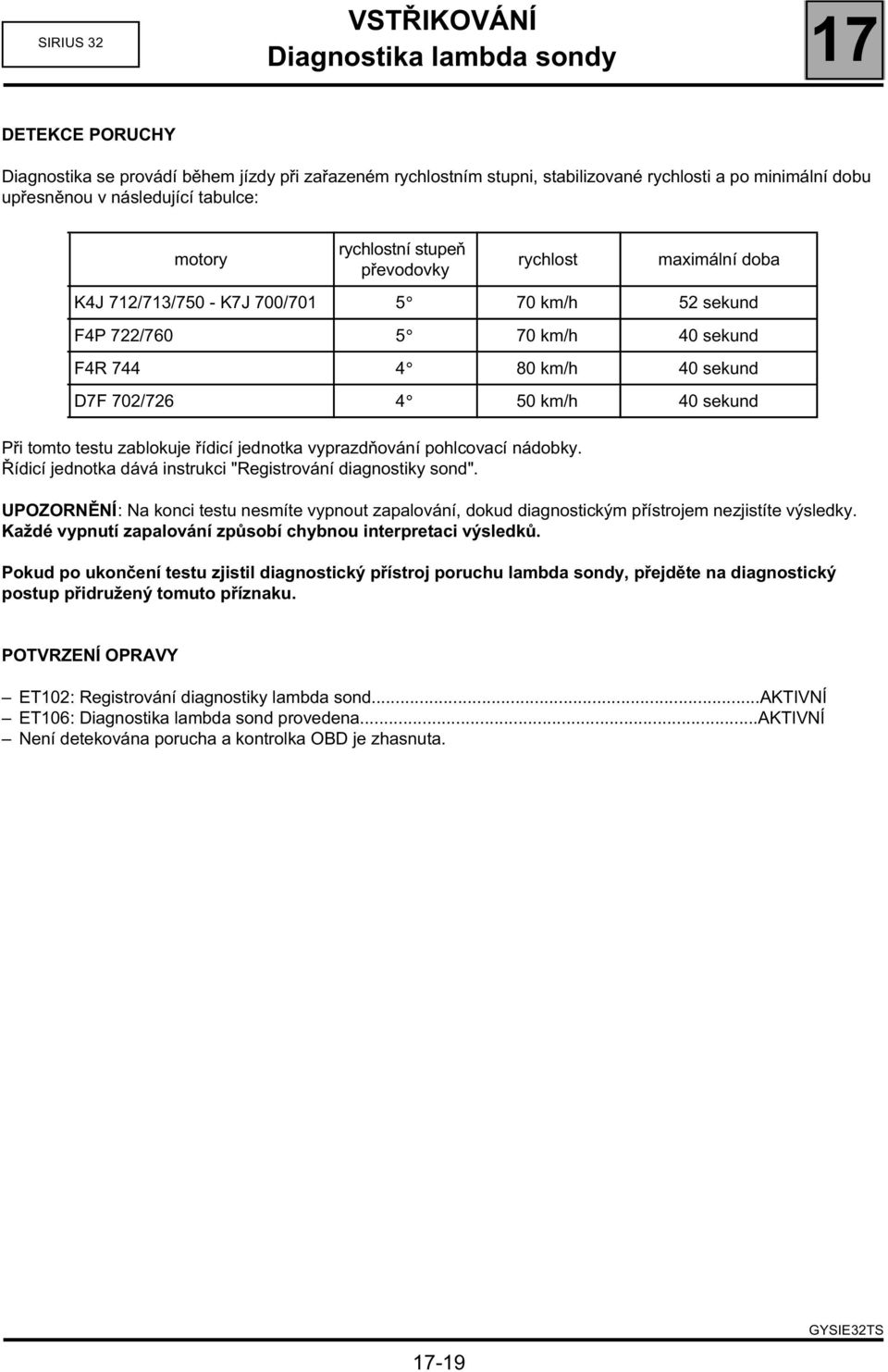 tomto testu zablokuje řídicí jednotka vyprazdňování pohlcovací nádobky. Řídicí jednotka dává instrukci "Registrování diagnostiky sond".