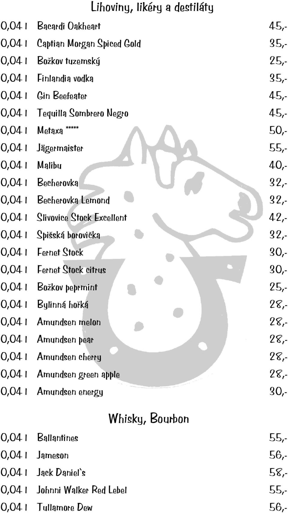 borovička 32,- 0,04 l Fernet Stock 30,- 0,04 l Fernet Stock citrus 30,- 0,04 l Božkov peprmint 25,- 0,04 l Bylinná hořká 28,- 0,04 l Amundsen melon 28,- 0,04 l Amundsen pear 28,- 0,04 l Amundsen