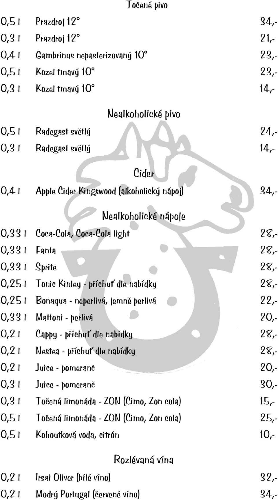 - příchuť dle nabídky 28,- 0,25 l Bonaqua - neperlivá, jemně perlivá 22,- 0,33 l Mattoni - perlivá 20,- 0,2 l Cappy - příchuť dle nabídky 28,- 0,2 l Nestea - příchuť dle nabídky 28,- 0,2 l Juice -