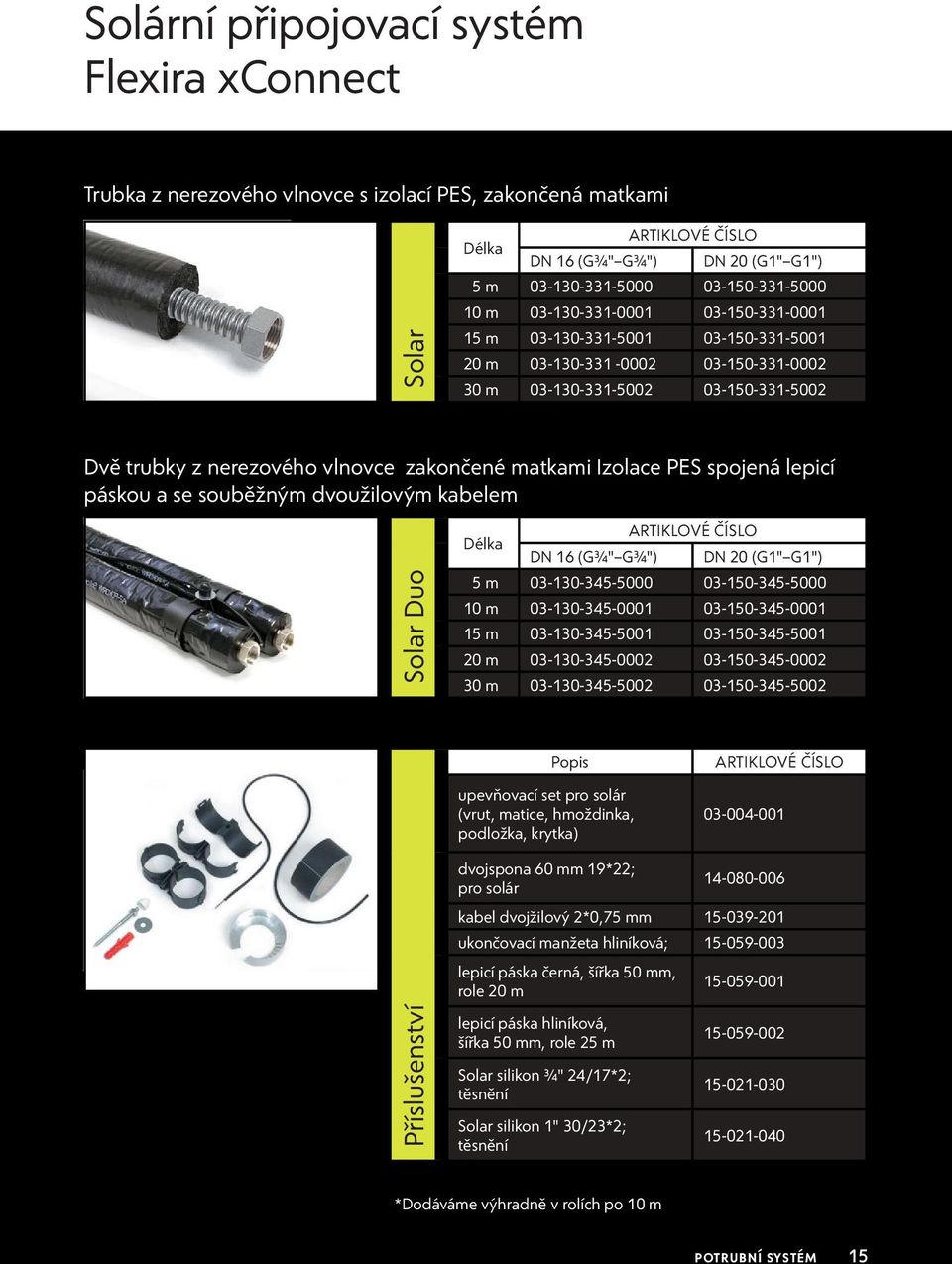 zakončené matkami Izolace PES spojená lepicí páskou a se souběžným dvoužilovým kabelem Solar Duo Délka ARTIKLOVÉ ČÍSLO DN 16 (G3 4" G3 4") DN 20 (G1" G1") 5 m 03-130-345-5000 03-150-345-5000 10 m