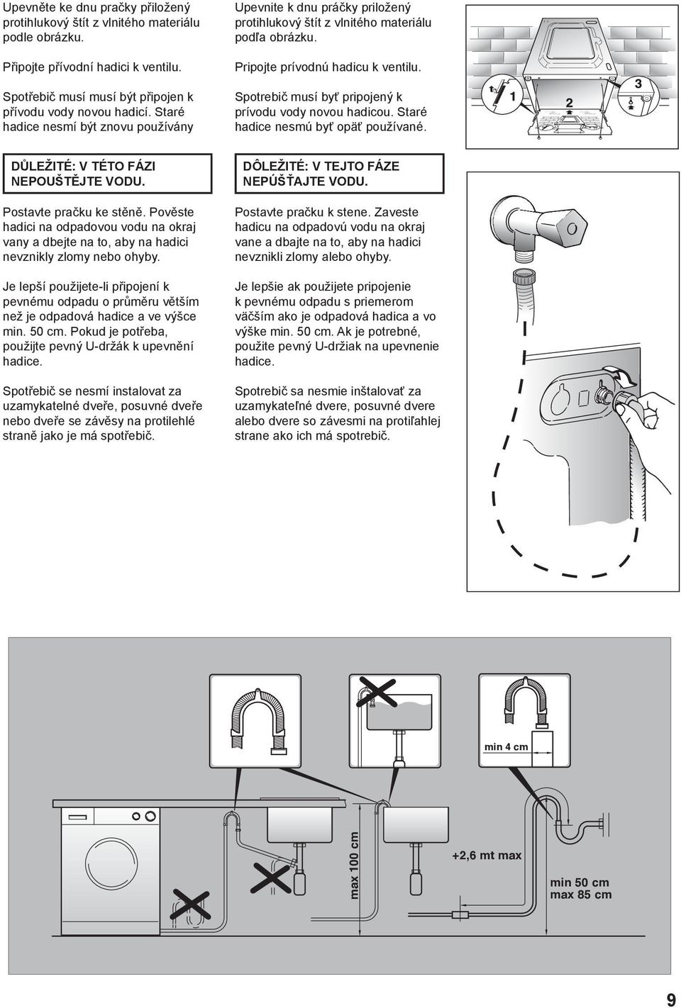 Spotrebič musí byť pripojený k prívodu vody novou hadicou. Staré hadice nesmú byť opäť používané. DŮLEŽITÉ: V TÉTO FÁZI NEPOUŠTĚJTE VODU. Postavte pračku ke stěně.