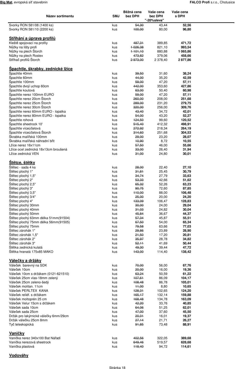 škrabky, zednické lžíce Špachtle 40mm kus 39,50 31,60 38,24 Špachtle 60mm kus 44,00 35,20 42,59 Špachtle 100mm kus 59,00 47,20 57,11 Špachtle dvojí uchop 60cm kus 442,00 353,60 427,86 Špachtle