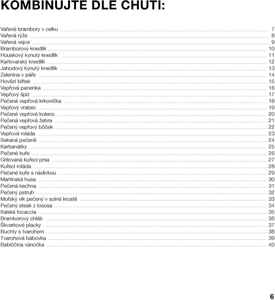 bůček 22 Vepřová roláda 23 Sekaná pečeně 24 Karbanátky 25 Pečené kuře 26 Grilovaná kuřecí prsa 27 Kuřecí roláda 28 Pečené kuře s nádivkou 29 Martinská husa 30 Pečená kachna 31 Pečený