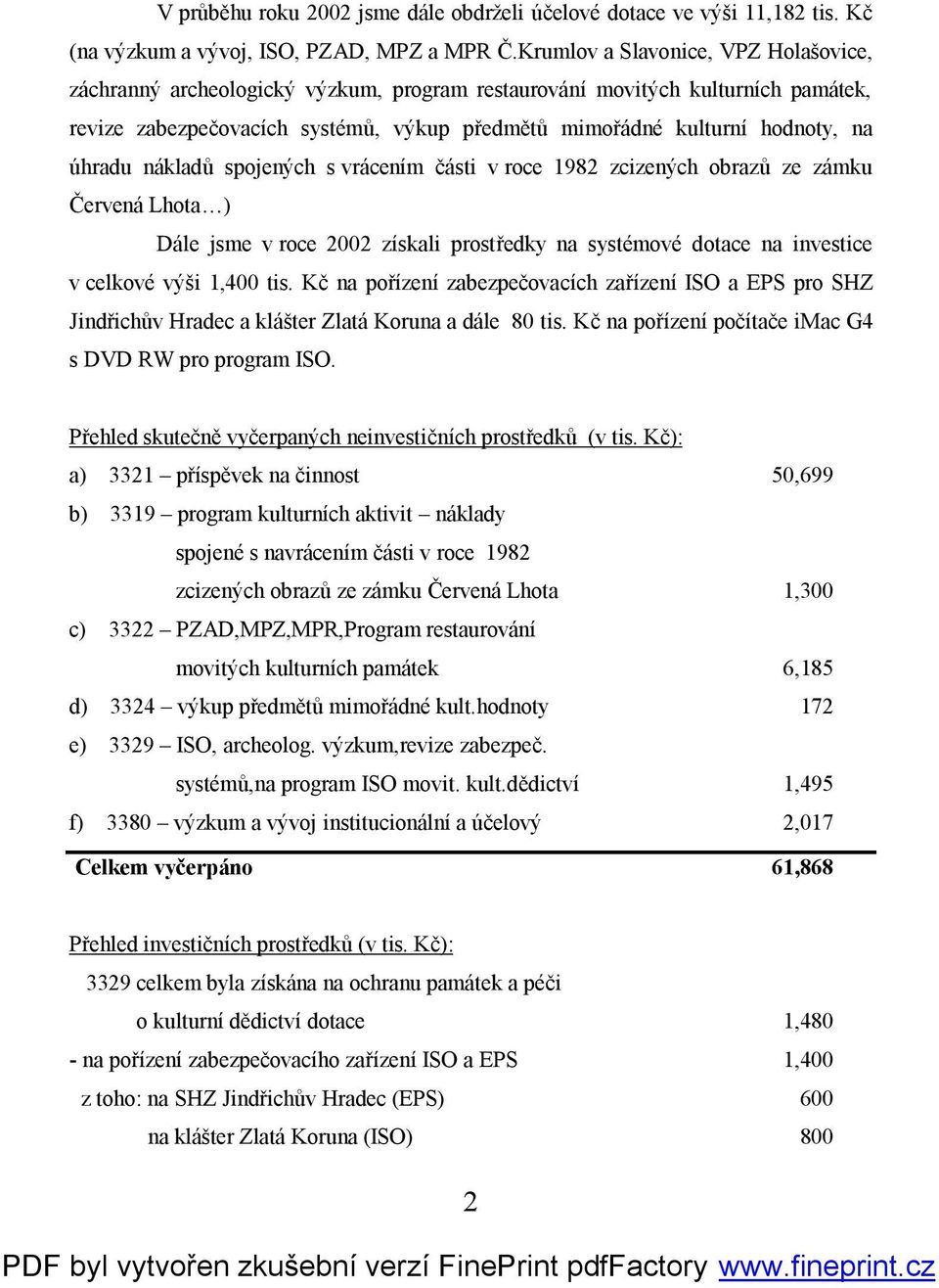 úhradu nákladů spojených s vrácením části v roce 1982 zcizených obrazů ze zámku Červená Lhota ) Dále jsme v roce 2002 získali prostředky na systémové dotace na investice v celkové výši 1,400 tis.