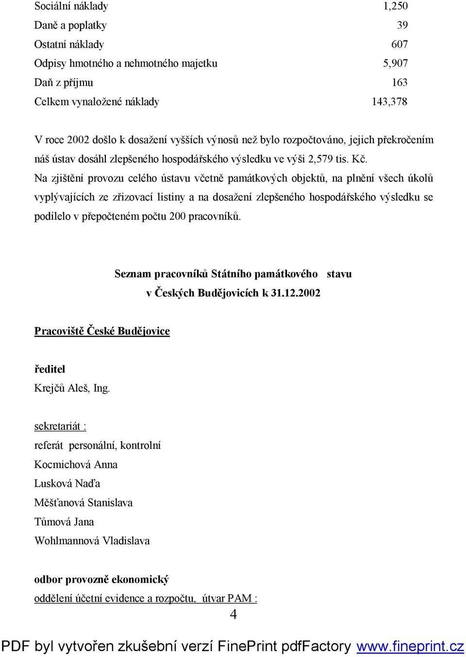 Na zjištění provozu celého ústavu včetně památkových objektů, na plnění všech úkolů vyplývajících ze zřizovací listiny a na dosažení zlepšeného hospodářského výsledku se podílelo v přepočteném počtu