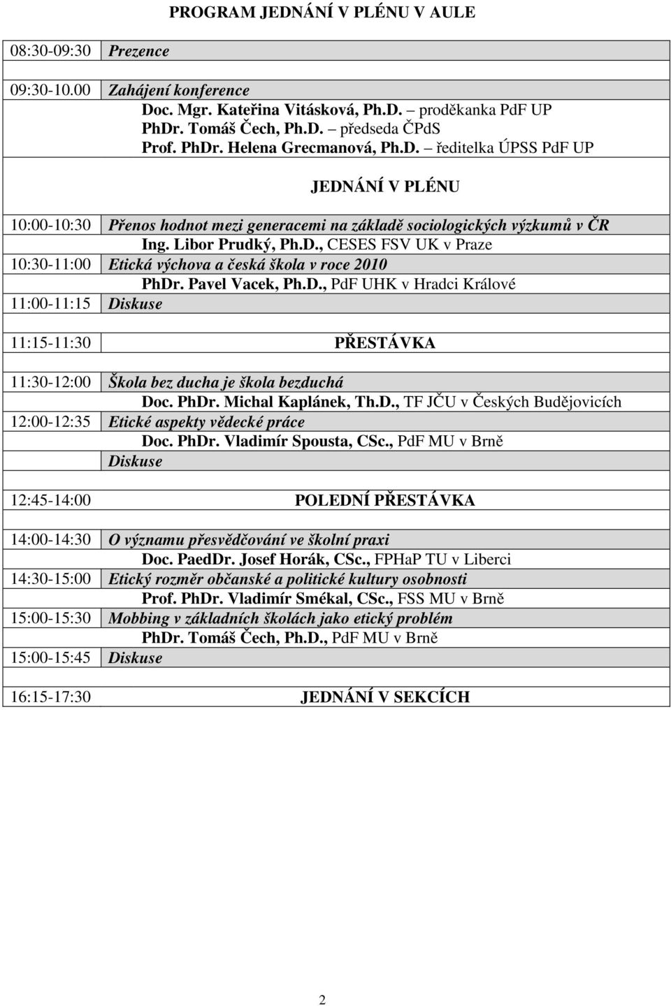 Pavel Vacek, Ph.D., PdF UHK v Hradci Králové 11:00-11:15 Diskuse 11:15-11:30 PŘESTÁVKA 11:30-12:00 Škola bez ducha je škola bezduchá Doc. PhDr. Michal Kaplánek, Th.D., TF JČU v Českých Budějovicích 12:00-12:35 Etické aspekty vědecké práce Doc.