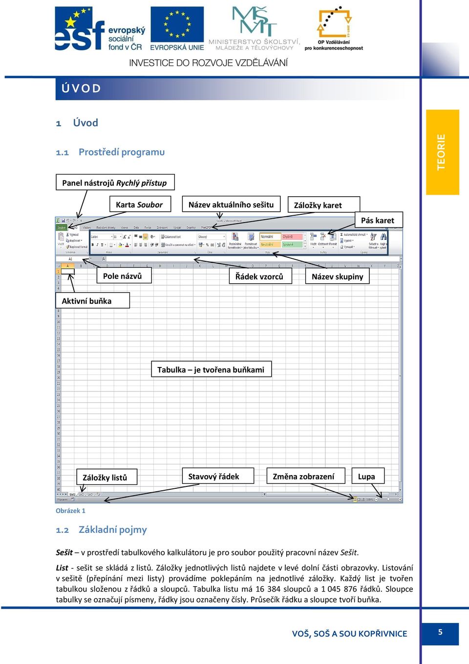 Záložky listů Stavový řádek Změna zobrazení Lupa Obrázek 1 1.2 Základní pojmy Sešit v prostředí tabulkového kalkulátoru je pro soubor použitý pracovní název Sešit.