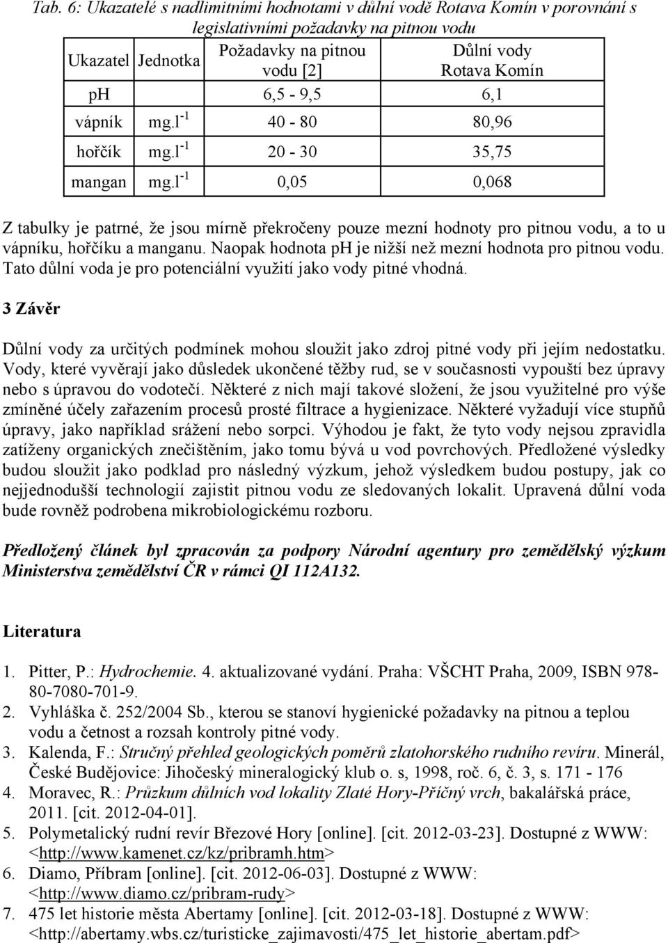 l -1 0,05 0,068 Z tabulky je patrné, že jsou mírně překročeny pouze mezní hodnoty pro pitnou vodu, a to u vápníku, hořčíku a manganu. Naopak hodnota ph je nižší než mezní hodnota pro pitnou vodu.