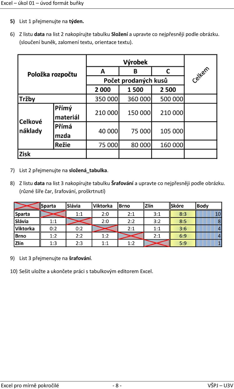 (sloučení buněk, zalomení textu, orientace textu). 7) List 2 přejmenujte na složená_tabulka.