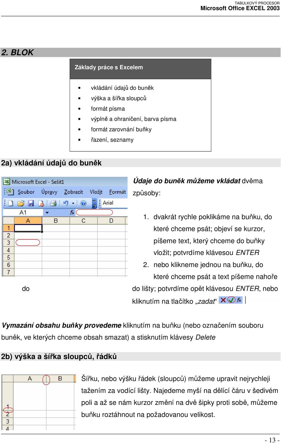 nebo klikneme jednou na buňku, do které chceme psát a text píšeme nahoře do lišty; potvrdíme opět klávesou ENTER, nebo kliknutím na tlačítko zadat Vymazání obsahu buňky provedeme kliknutím na buňku