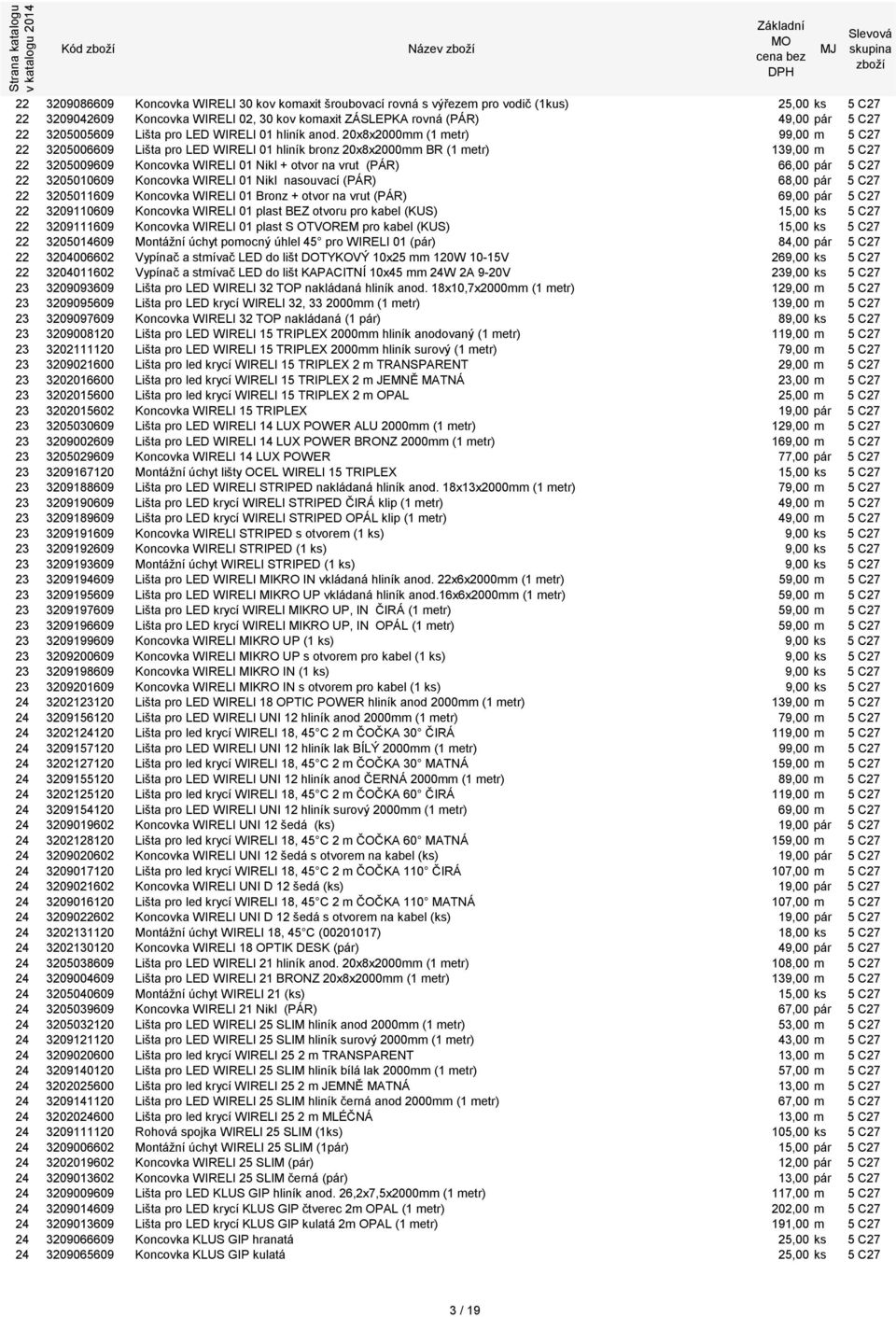 20x8x2000mm (1 metr) 99,00 m 5 C27 22 3205006609 Lišta pro LED WIRELI 01 hliník bronz 20x8x2000mm BR (1 metr) 139,00 m 5 C27 22 3205009609 Koncovka WIRELI 01 Nikl + otvor na vrut (PÁR) 66,00 pár 5