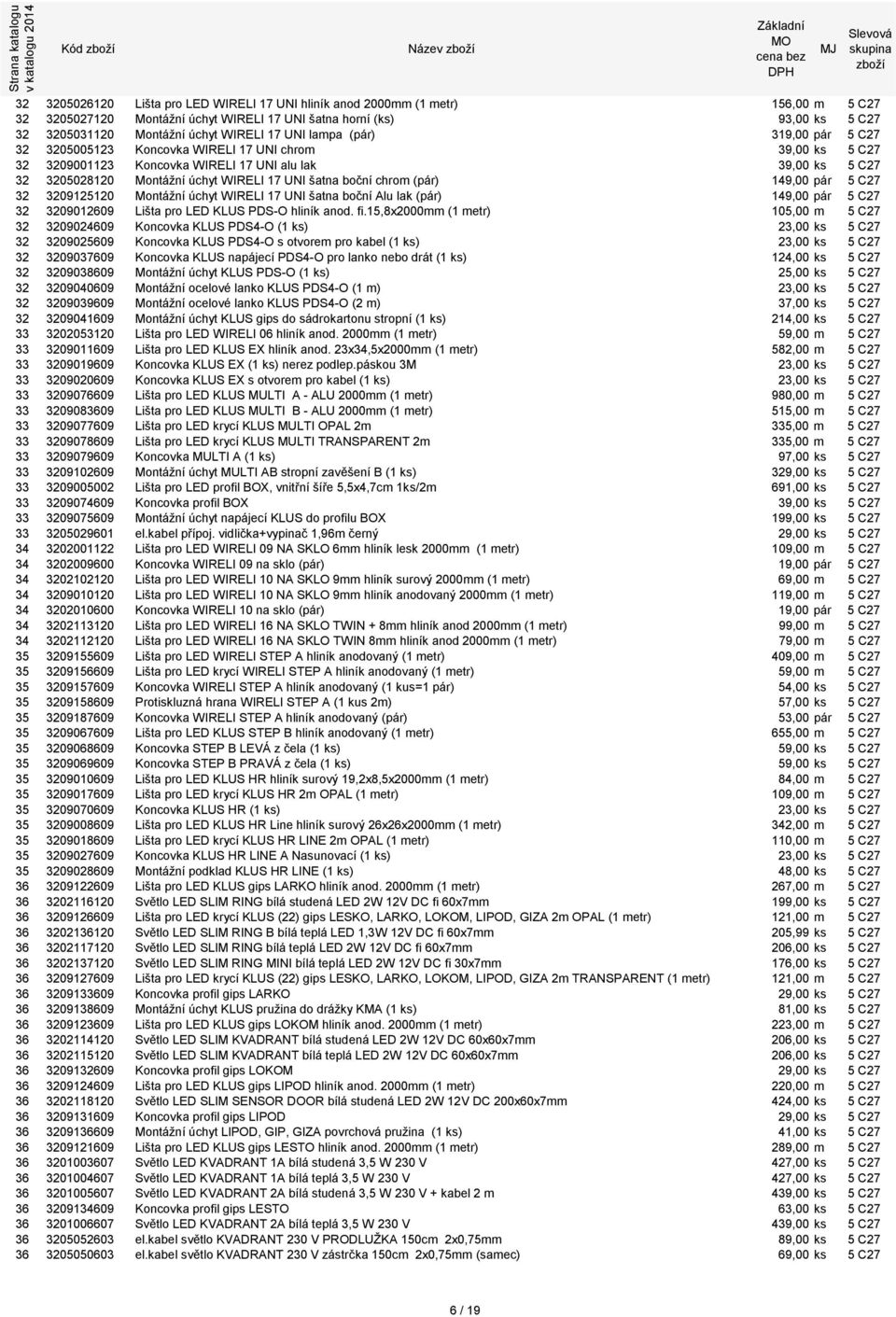 UNI šatna boční chrom (pár) 149,00 pár 5 C27 32 3209125120 Montážní úchyt WIRELI 17 UNI šatna boční Alu lak (pár) 149,00 pár 5 C27 32 3209012609 Lišta pro LED KLUS PDS-O hliník anod. fi.