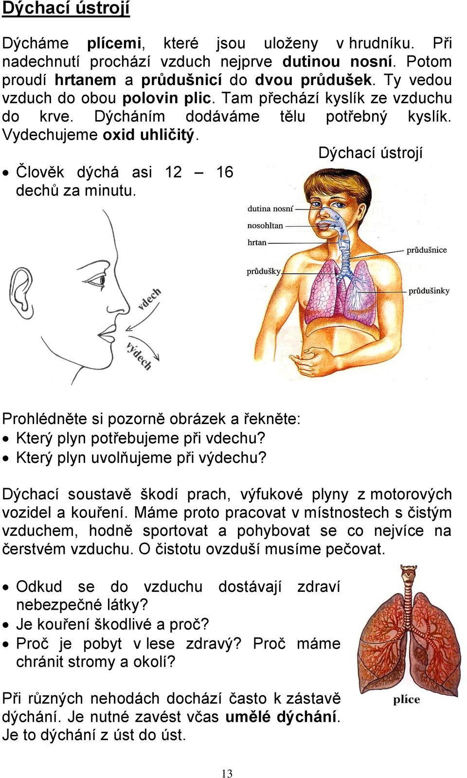 Prohlédněte si pozorně obrázek a řekněte: Který plyn potřebujeme při vdechu? Který plyn uvolňujeme při výdechu? Dýchací soustavě škodí prach, výfukové plyny z motorových vozidel a kouření.