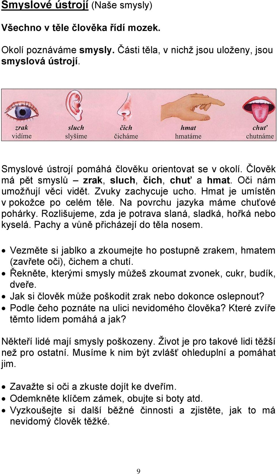 Na povrchu jazyka máme chuťové pohárky. Rozlišujeme, zda je potrava slaná, sladká, hořká nebo kyselá. Pachy a vůně přicházejí do těla nosem.