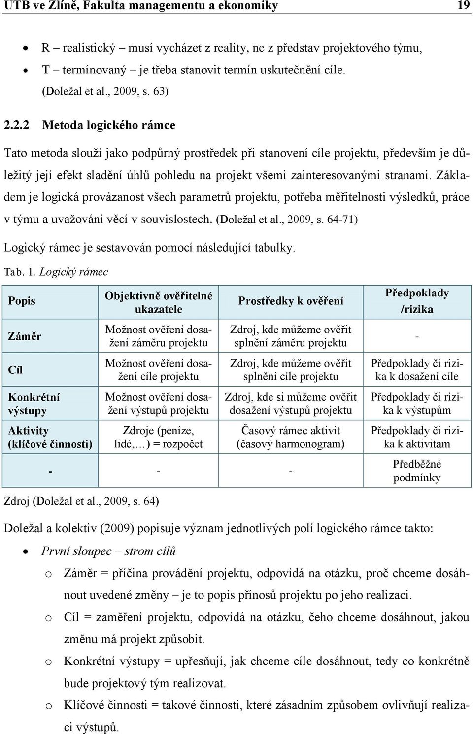 Základem je logická provázanost všech parametrů projektu, potřeba měřitelnosti výsledků, práce v týmu a uvažování věcí v souvislostech. (Doležal et al., 2009, s.