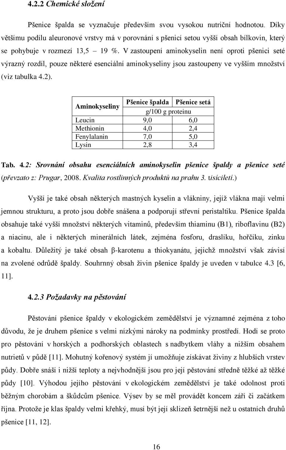 V zastoupení aminokyselin není oproti pšenici seté výrazný rozdíl, pouze některé esenciální aminokyseliny jsou zastoupeny ve vyšším množství (viz tabulka 4.2).