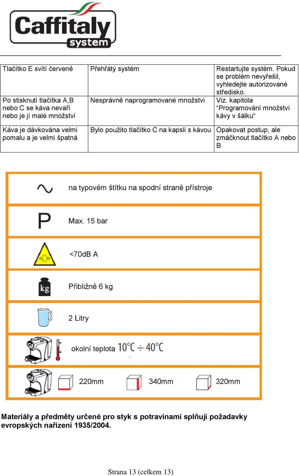 kapitola Programování množství kávy v šálku Káva je dávkována velmi pomalu a je velmi špatná Bylo použito tlačítko C na kapsli s kávou Opakovat postup, ale zmáčknout