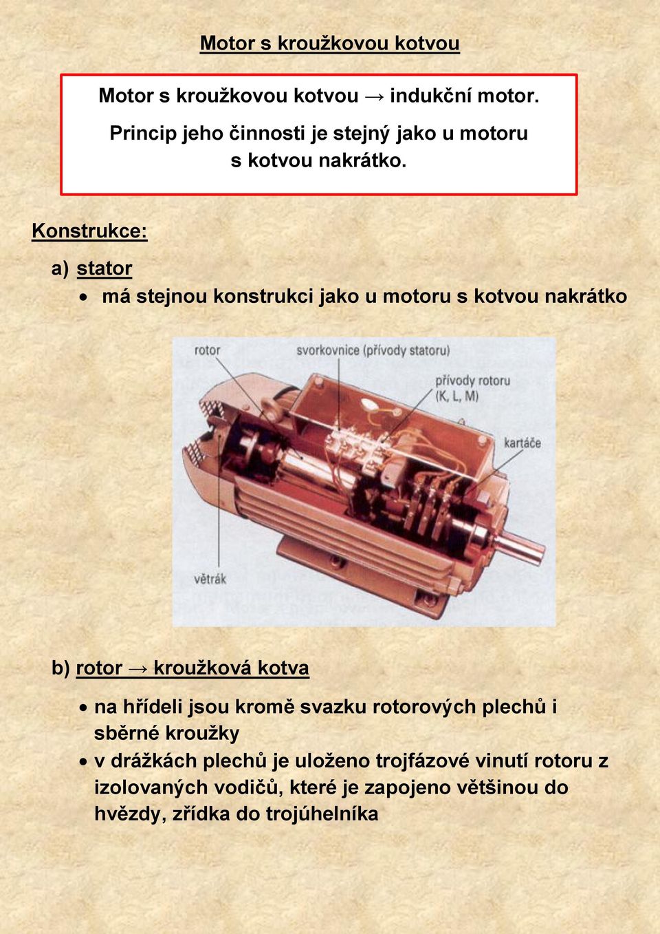 Konstrukce: a) stator má stejnou konstrukci jako u motoru s kotvou nakrátko b) rotor kroužková kotva na