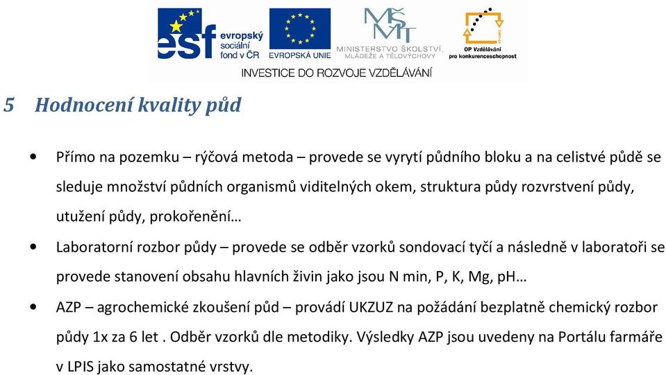 následně v laboratoři se provede stanovení obsahu hlavních živin jako jsou N min, P, K, Mg, ph AZP agrochemické zkoušení půd provádí UKZUZ na