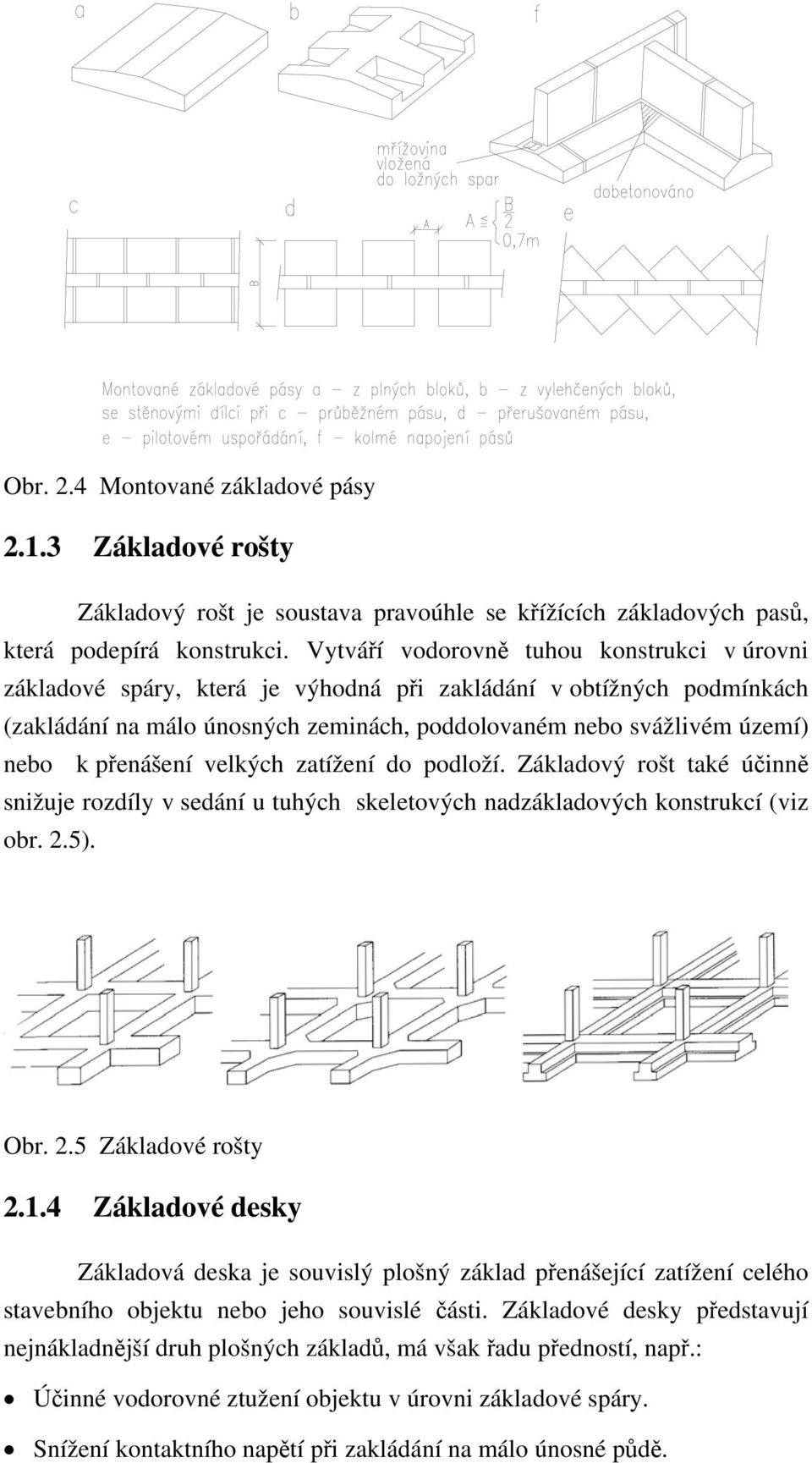 přenášení velkých zatížení do podloží. Základový rošt také účinně snižuje rozdíly v sedání u tuhých skeletových nadzákladových konstrukcí (viz obr. 2.5). Obr. 2.5 Základové rošty 2.1.