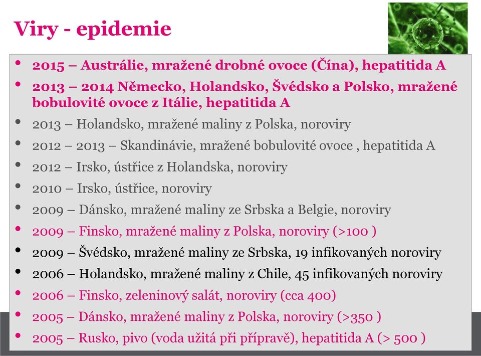 maliny ze Srbska a Belgie, noroviry 2009 Finsko, mražené maliny z Polska, noroviry (>100 ) 2009 Švédsko, mražené maliny ze Srbska, 19 infikovaných noroviry 2006 Holandsko, mražené maliny z