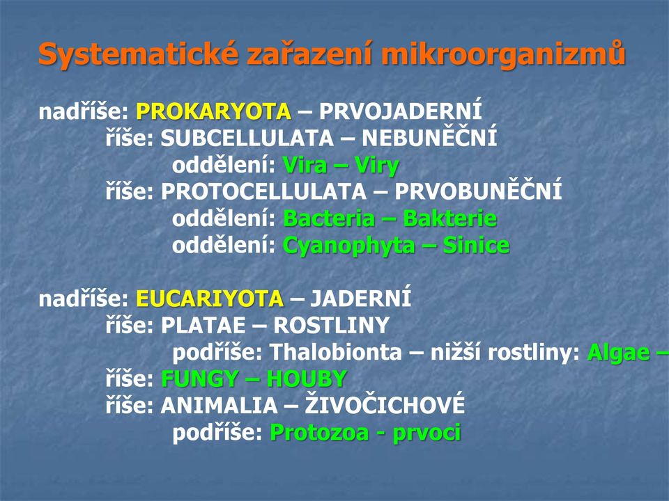 oddělení: Cyanophyta Sinice nadříše: EUCARIYOTA JADERNÍ říše: PLATAE ROSTLINY podříše: