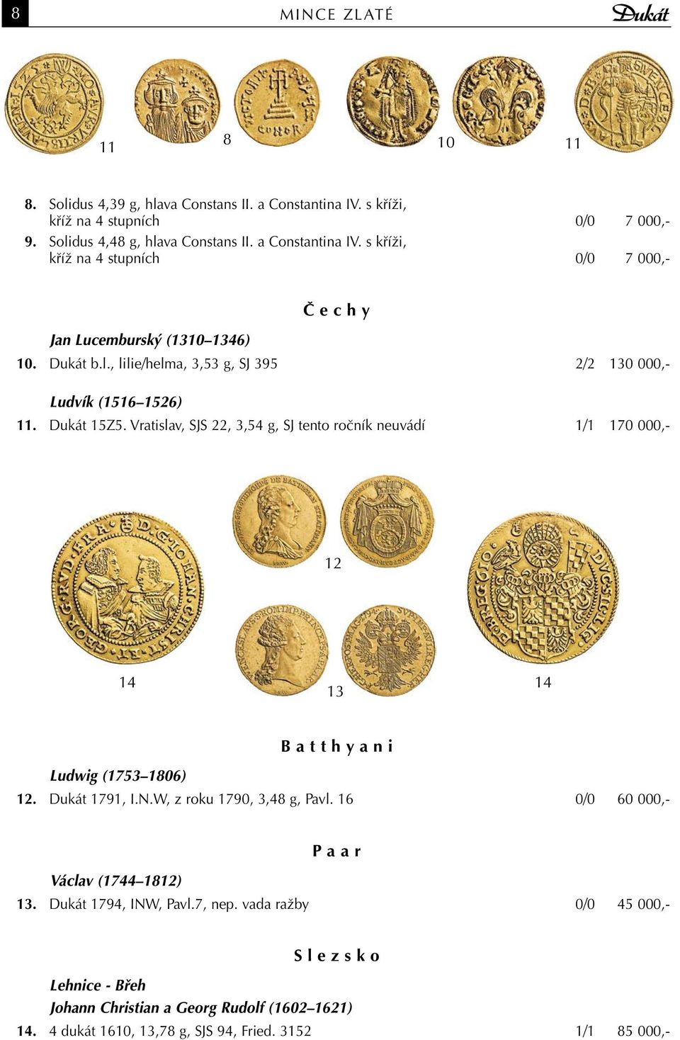 Vratislav, SJS 22, 3,54 g, SJ tento ročník neuvádí 1/1 170 000,- 12 14 14 13 Ludwig (1753 1806) B a t t h y a n i 12. Dukát 1791, I.N.W, z roku 1790, 3,48 g, Pavl.