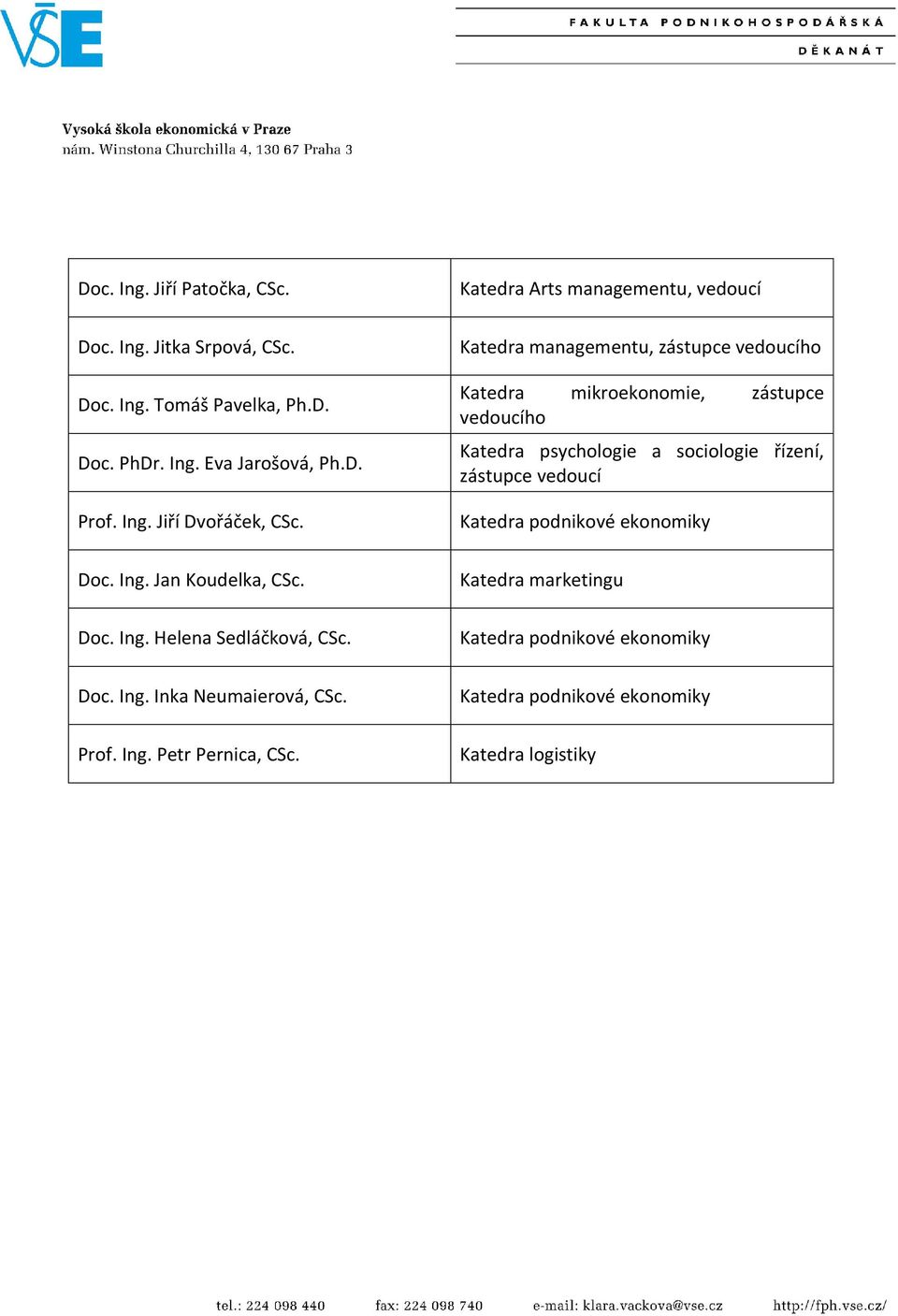 Katedra Arts managementu, vedoucí Katedra managementu, zástupce vedoucího Katedra mikroekonomie, zástupce vedoucího Katedra psychologie a