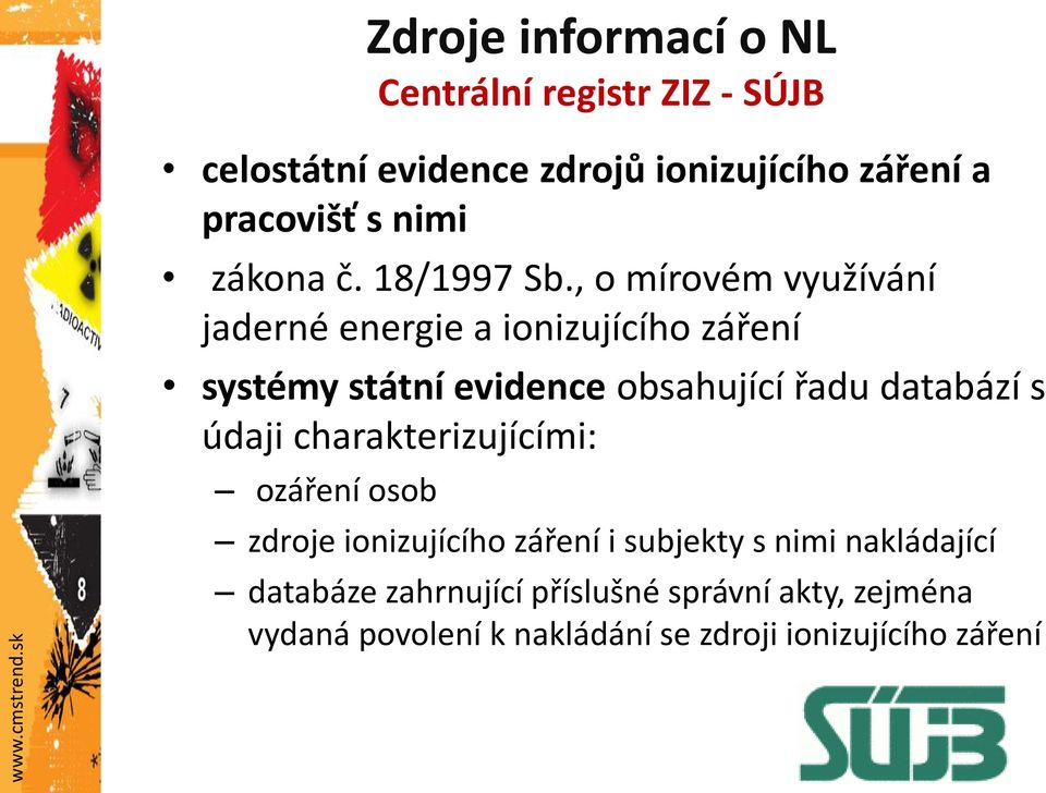 údaji charakterizujícími: ozáření osob Zdroje informací o NL Centrální registr ZIZ - SÚJB zdroje ionizujícího