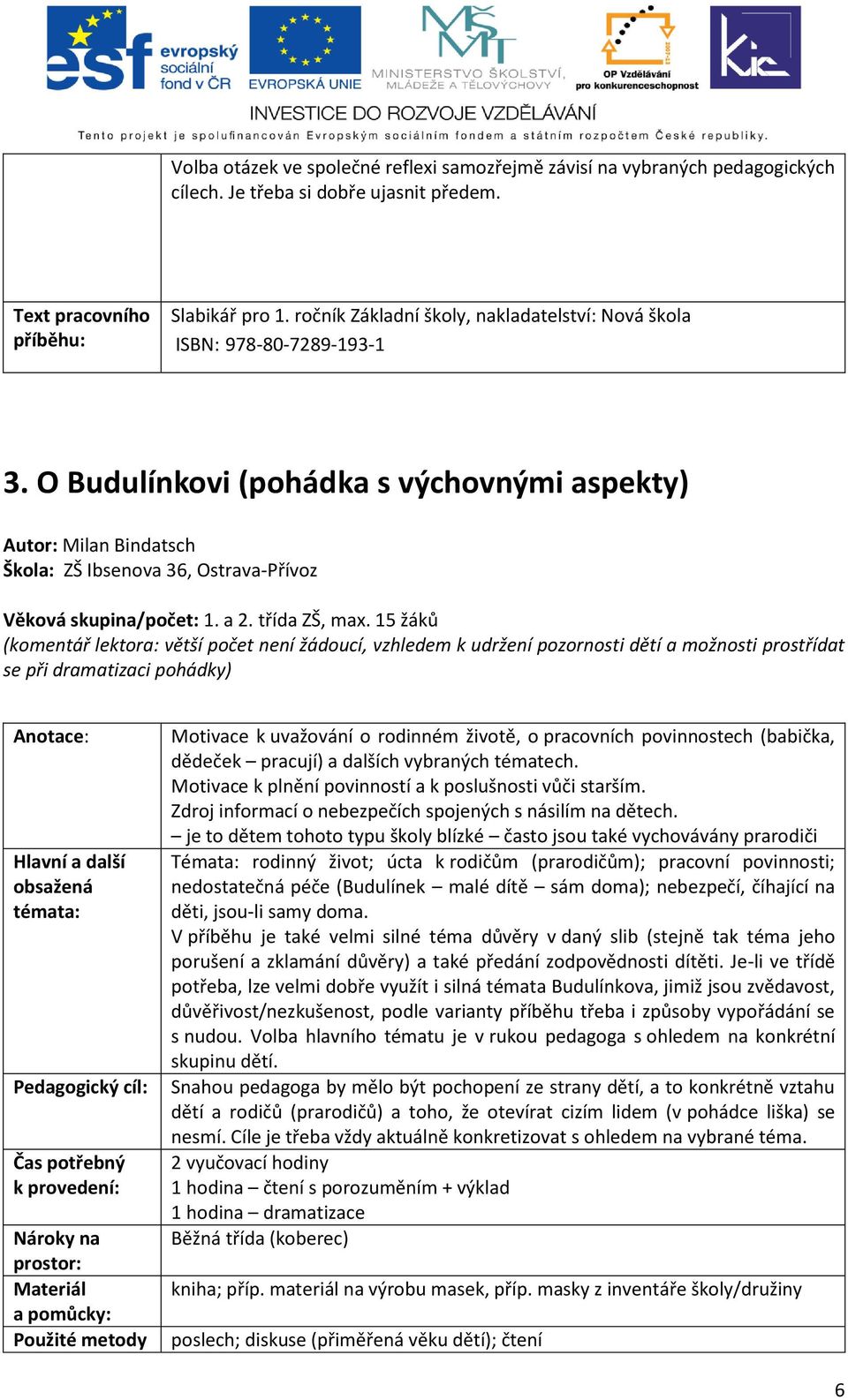 O Budulínkovi (pohádka s výchovnými aspekty) Autor: Milan Bindatsch Škola: ZŠ Ibsenova 36, Ostrava-Přívoz Věková skupina/počet: 1. a 2. třída ZŠ, max.