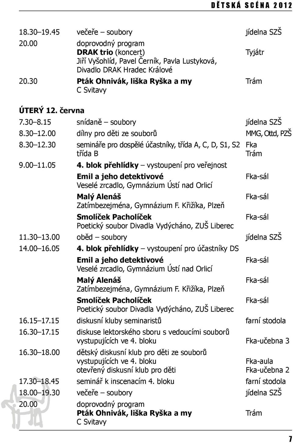 00 11.05 4. blok přehlídky vystoupení pro veřejnost Emil a jeho detektivové Veselé zrcadlo, Gymnázium Ústí nad Orlicí Malý Alenáš Zatímbezejména, Gymnázium F.