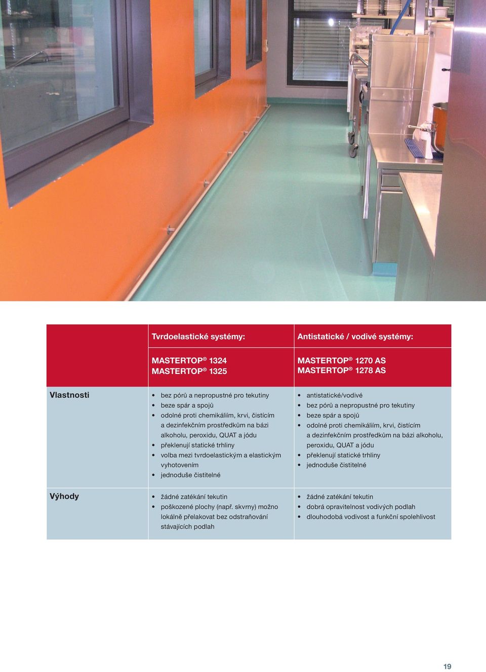 antistatické/vodivé bez pórů a nepropustné pro tekutiny beze spár a spojů odolné proti chemikáliím, krvi, čistícím a dezinfekčním prostředkům na bázi alkoholu, peroxidu, QUAT a jódu překlenují