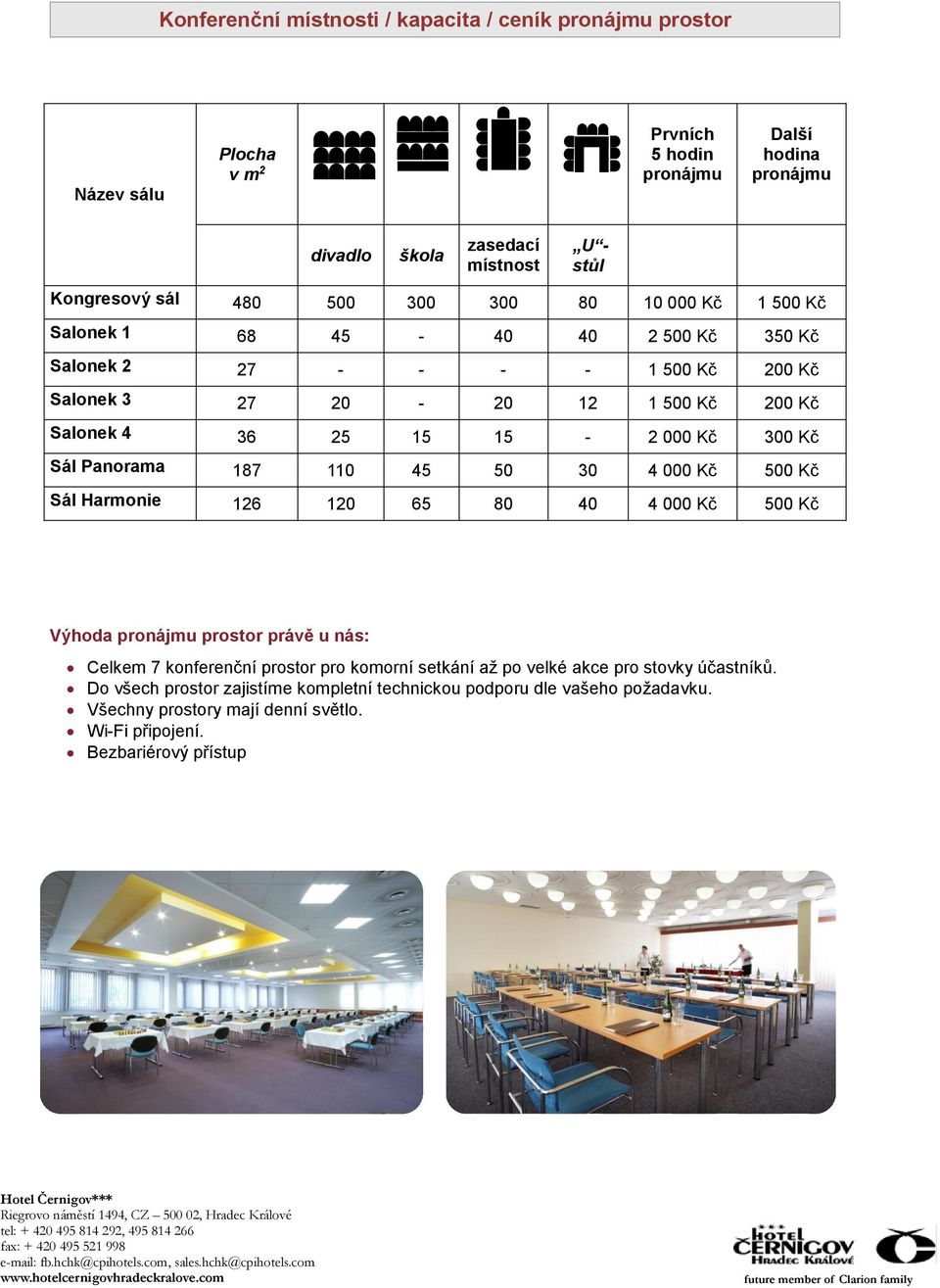 Panorama 187 110 45 50 30 4 000 Kč 500 Kč Sál Harmonie 126 120 65 80 40 4 000 Kč 500 Kč Výhoda pronájmu prostor právě u nás: Celkem 7 konferenční prostor pro komorní setkání až po velké